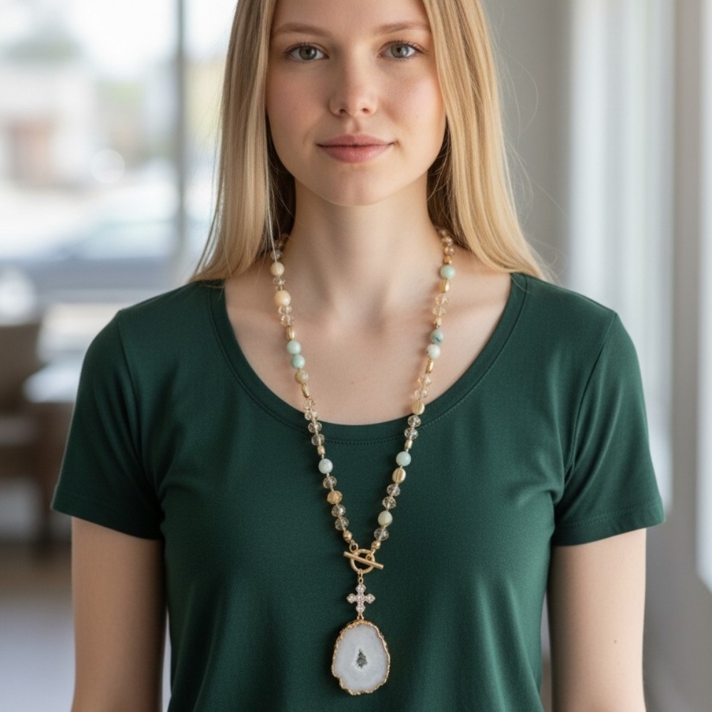 June Marie Long Natural Stone Beaded Gold-Tone Necklace with Agate Druzy Pendant